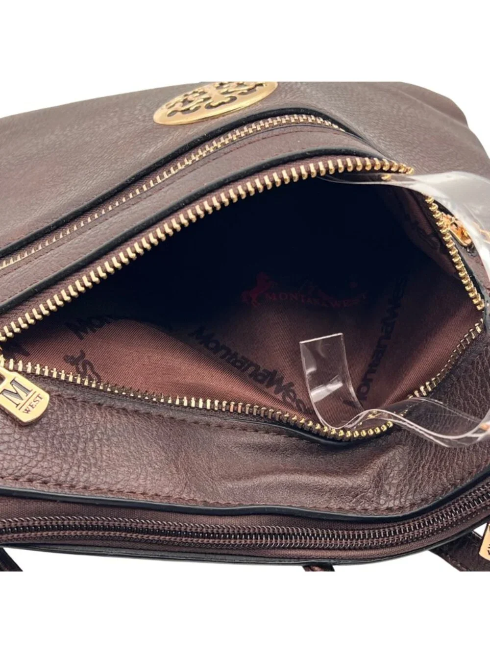 Montana West Brown Faux Leather Crossbody Bag Gold Accents Zippered Compartments - Picture 8 of 14